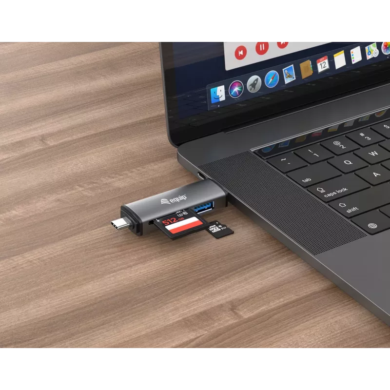 Equip kaartlezer met USB 3.0 hub, OTG, MicroSD (TransFlash), MicroSDHC, SD, SDHC, grijs, CE & RoHS, USB 3.2 Gen 1 (3.1 Gen 1) Type-A/Type-C, 202 mm, 12 mm