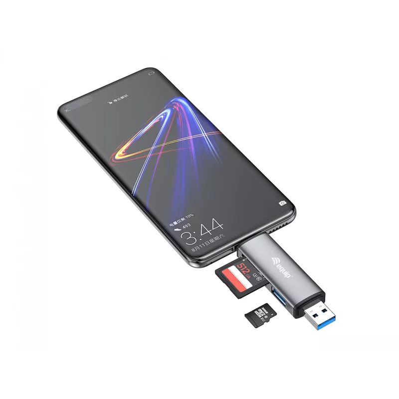 Equip kaartlezer met USB 3.0 hub, OTG, MicroSD (TransFlash), MicroSDHC, SD, SDHC, grijs, CE & RoHS, USB 3.2 Gen 1 (3.1 Gen 1) Type-A/Type-C, 202 mm, 12 mm