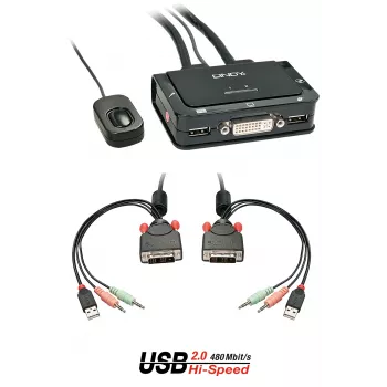 Lindy 2-poorts DVI-D Single Link, USB 2.0 en audio KVM-switch Compact