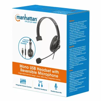 Manhattan mono over-ear headset (USB), omkeerbare microfoonarm (gevoerd), retailverpakking, in-line volumeregeling/dempen, gevoerd oorkussen, USB-A voor audio- en microfoongebruik, kabel 2 m, drie jaar garantie