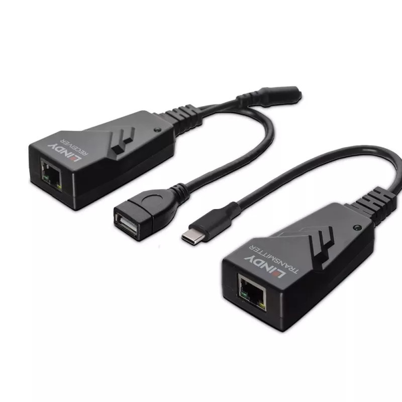 Lindy 100m USB 2.0 Type-C Cat.6-extender, netwerkzender & -ontvanger, 100 m, 480 Mbit/s, Cat5e, Cat6, CH317Q, CH9317, RTL8211E, zwart