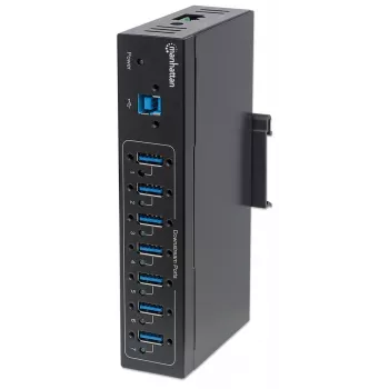 Manhattan USB-A 7-poorts hub industrieel, 7x USB-A-poorten, 5 Gbps (USB 3.2 Gen1 aka USB 3.0), 20 kV ESD-bescherming, A/C, bus- en klemmenstrook-voedingsopties, DIN-rail, wandmontage, metalen behuizing, schroefvergrendeling