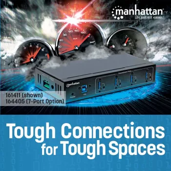 Manhattan USB-A 7-poorts hub industrieel, 7x USB-A-poorten, 5 Gbps (USB 3.2 Gen1 aka USB 3.0), 20 kV ESD-bescherming, A/C, bus- en klemmenstrook-voedingsopties, DIN-rail, wandmontage, metalen behuizing, schroefvergrendeling