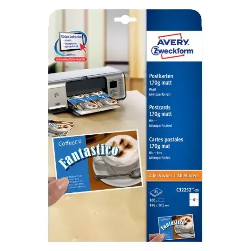 Avery Zweckform C32252-25 dubbelzijdige geperforeerde ansichtkaarten, 148 x 105 mm, 170 g/m², mat wit, 100 kaarten