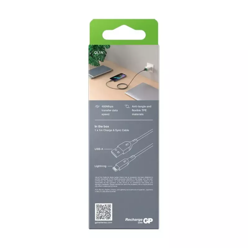 Kabel GP Batteries CL1N 1m Lightning naar USB A 12W 2,4A