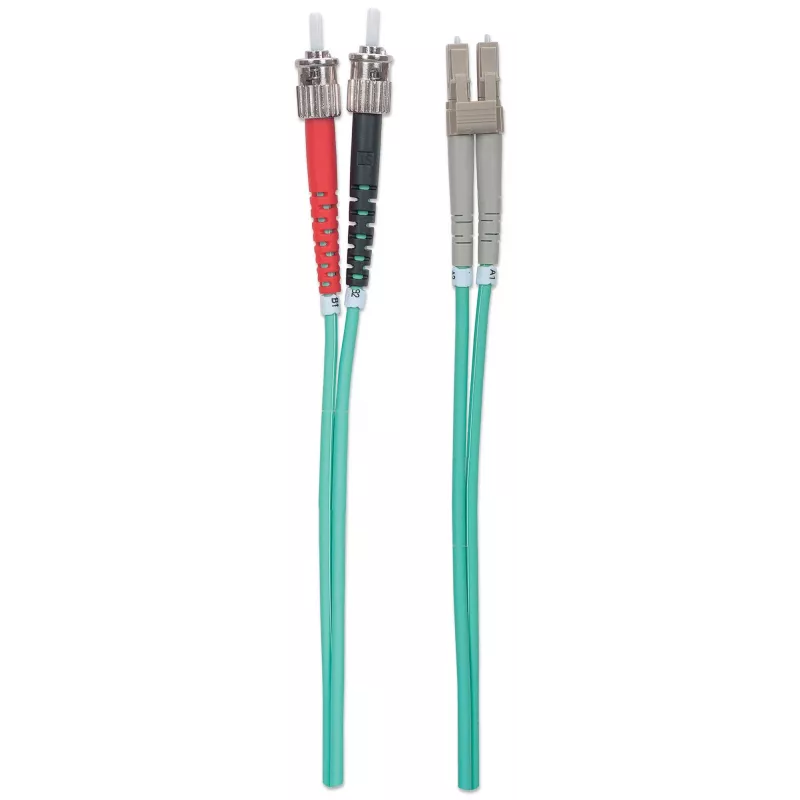 Intellinet glasvezel-patchkabel, OM3, ST/LC, 2 m, aqua, duplex, multimode, 50/125 µm, LSZH, glasvezel, levenslange garantie