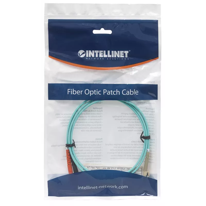 Intellinet glasvezel-patchkabel, OM3, ST/LC, 2 m, aqua, duplex, multimode, 50/125 µm, LSZH, glasvezel, levenslange garantie