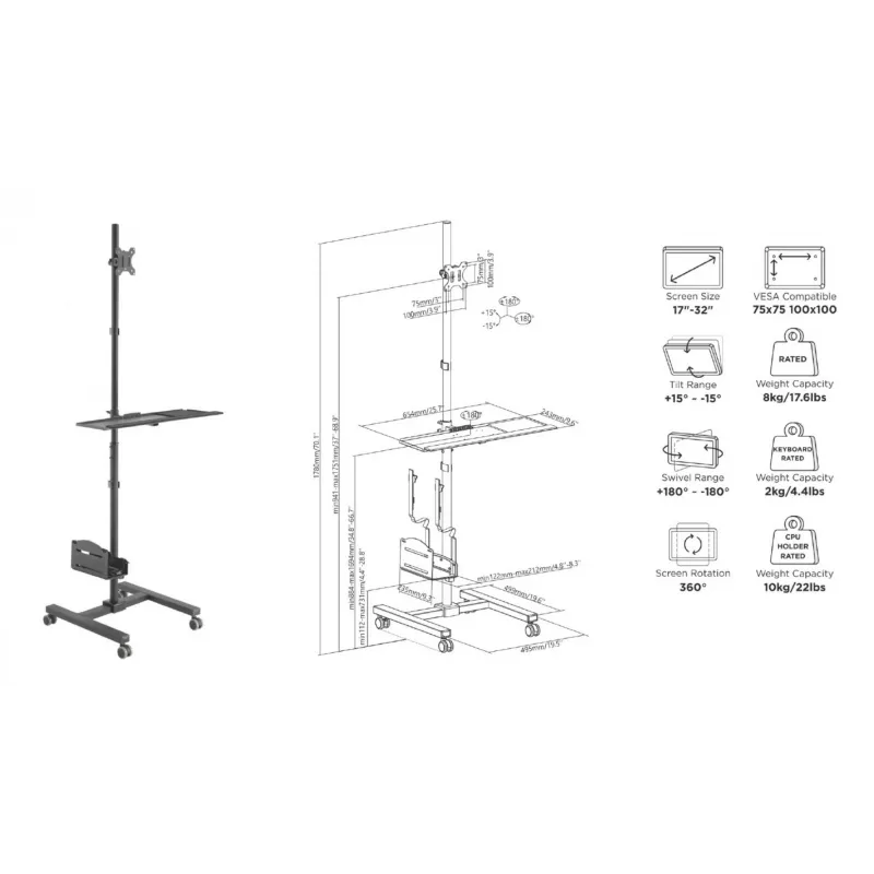 Multimediawagen Equip 17 inch-32 inch enkel monitor mobiel workstation