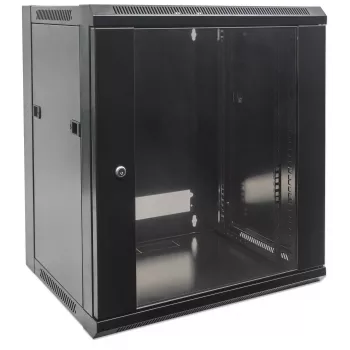 Intellinet 19-inch netwerkkast - wandmontage (standaard), 15U, 450mm diep, zwart, flatpack, max. 60kg, metalen en glazen deur, achterwand, afneembare zijwanden, ook geschikt voor gebruik op bureau of vloer, bruikbare diepte 260mm tot 350mm, t