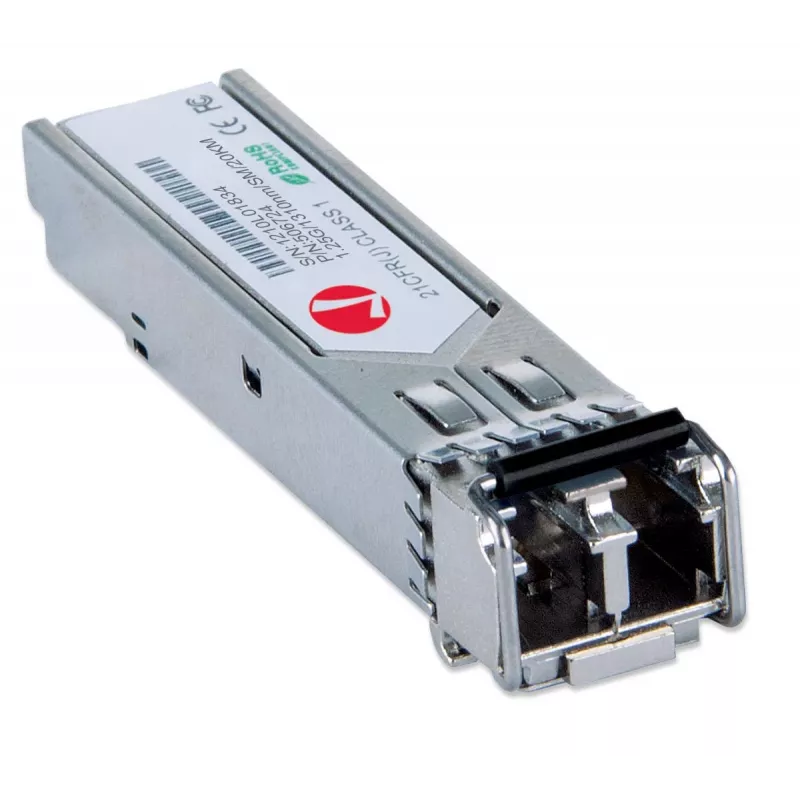 Intellinet transceivermodule optisch, Gigabit Fiber SFP Mini-GBIC, 1000Base-Lx (LC) single-mode-poort, 20 km, golflengte 1310 nm, ethernet, glasvezel, MSA-conform, equivalent aan Cisco GLC-LH-SM, drie jaar garantie