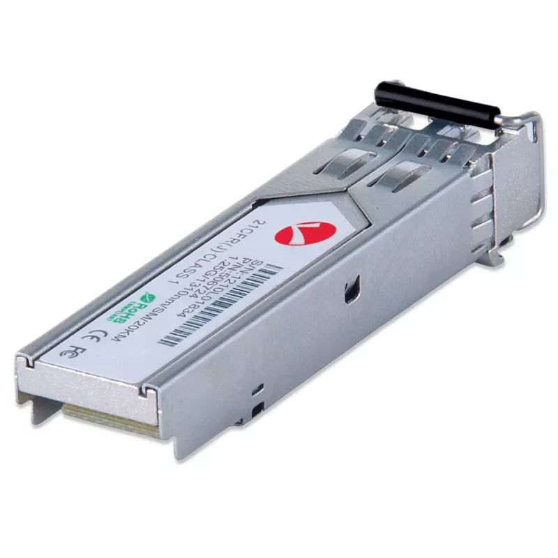 Intellinet transceivermodule optisch, Gigabit Fiber SFP Mini-GBIC, 1000Base-Lx (LC) single-mode-poort, 20 km, golflengte 1310 nm, ethernet, glasvezel, MSA-conform, equivalent aan Cisco GLC-LH-SM, drie jaar garantie