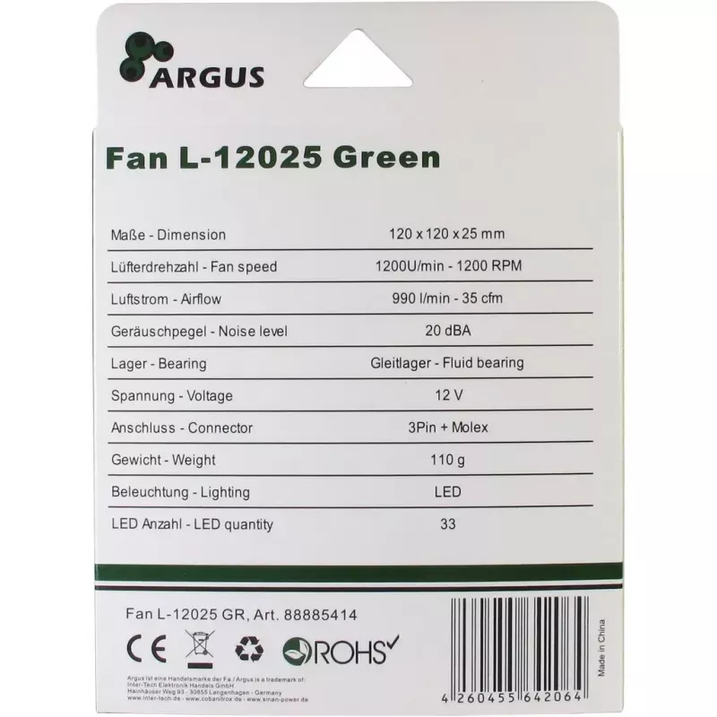Ventilator Inter-Tech L-12025 computerbehuizingventilator 12 cm zwart groen