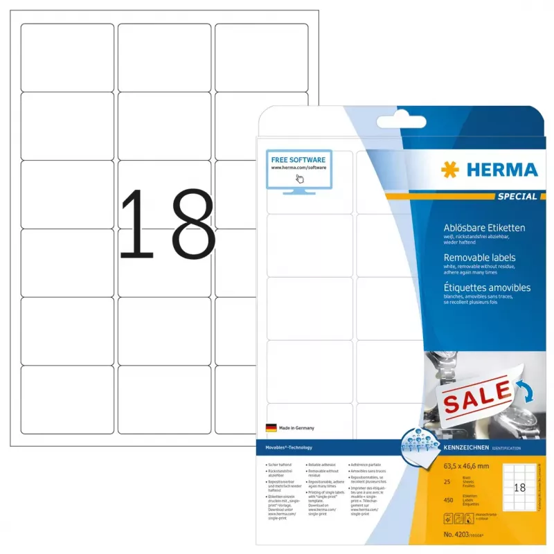 Afneembare etiketten HERMA A4 63,5x46,6 mm wit Movables 450 stuks