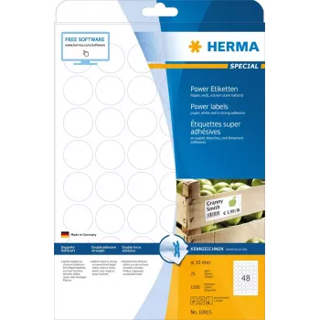 Etiketten A4 HERMA Ø 30 mm rond wit extra sterke hechting 1200 stuks