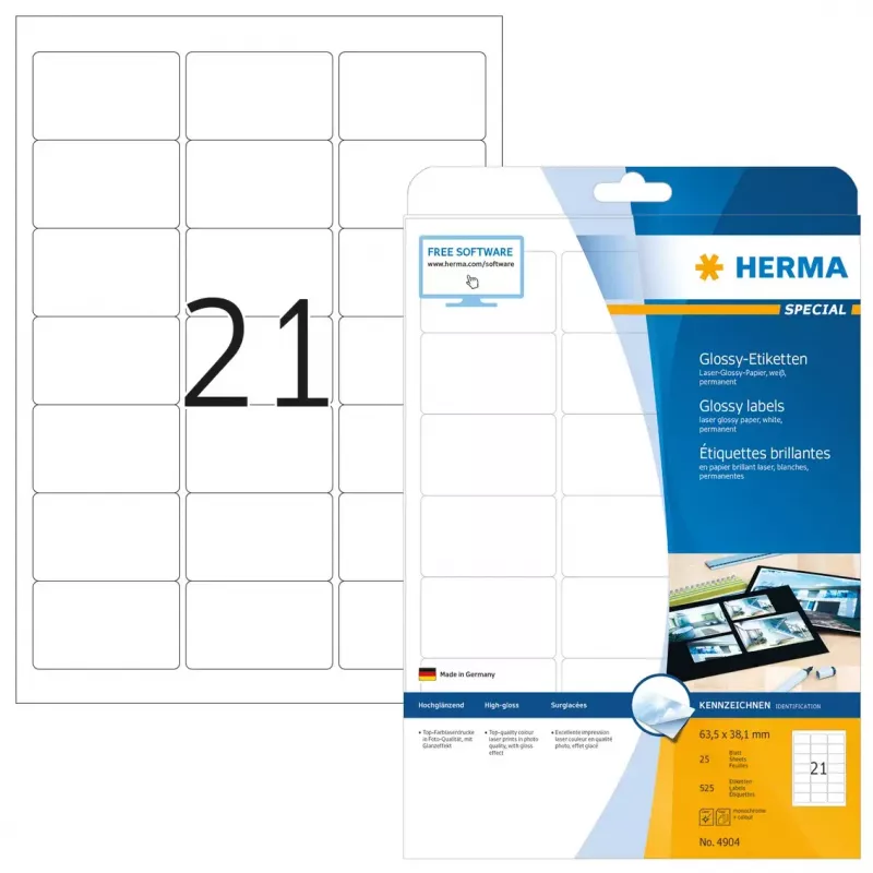 Zelfklevend printeretiket HERMA Labels A4 63,5x38,1 mm wit papier glanzend 525 stuks