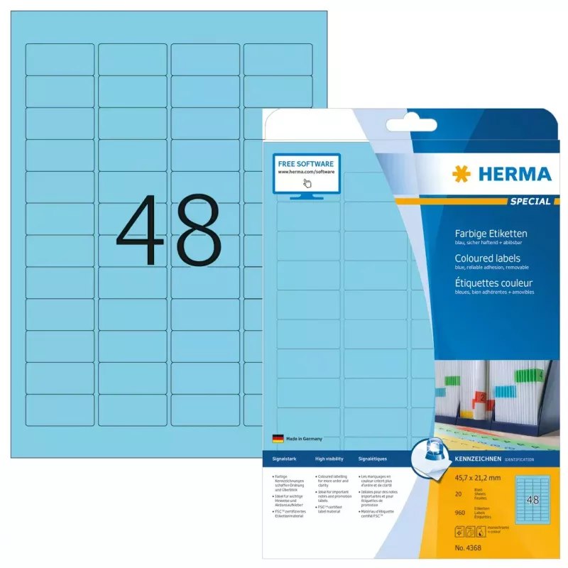 Zelfklevende printeretiketten HERMA Coloured Labels A4 45,7x21,2 mm blauw