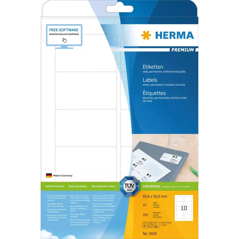Zelfklevend printeretiket HERMA Labels Premium A4 83,8x50,8 mm