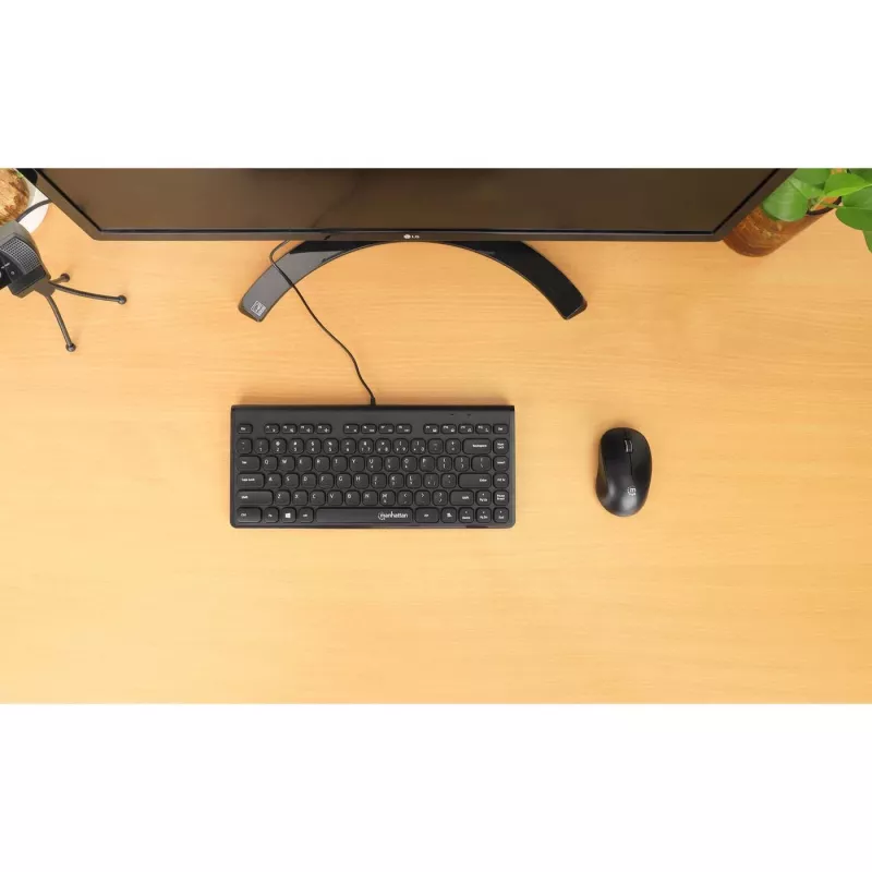 Manhattan slank bedrade USB-minitoetsenbord, 12 multimedia-/functietoetsen, geïntegreerde 1,5 m USB-A-kabel, compact low-profile formaat, voor pc en laptop, zwart