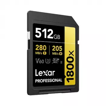 Lexar Professional 1800x 512 GB UHS-II SDXC-kaart (GOLD-serie), tot 280 MB/s lezen, 205 MB/s schrijven, V60, U3, klasse 10, voor DSLR/systeemcamera's