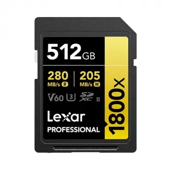 Lexar Professional 1800x 512 GB UHS-II SDXC-kaart (GOLD-serie), tot 280 MB/s lezen, 205 MB/s schrijven, V60, U3, klasse 10, voor DSLR/systeemcamera's