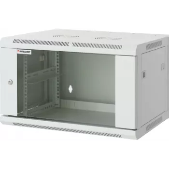 Intellinet 19 inch netwerkkast – wandmontage (standaard), 6U, 450 mm diep, grijs, gemonteerd, max. 60 kg, ook geschikt voor tafel- of vloeropstelling, bruikbare diepte 350 mm, metalen en glazen deur, achterwand, afneembare zijwanden, onderdelen voor wandmontage (bijv. schroeven/pluggen) niet inbegrepen