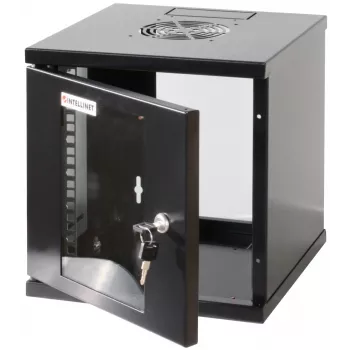 Intellinet 10 inch netwerkschrank – wandmontage (standaard), 6HE, 300 mm diep, zwart, gemonteerd, max. 60 kg, ook geschikt voor plaatsing op tafel of vloer, bruikbare diepte 265 mm, metalen en glazen deur, achterwand, afneembare zijkanten, onderdelen voor wandmontage (bijv. schroeven/pluggen) niet meegeleverd