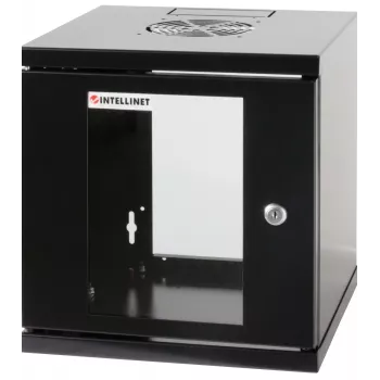 Intellinet 10 inch netwerkschrank – wandmontage (standaard), 6HE, 300 mm diep, zwart, gemonteerd, max. 60 kg, ook geschikt voor plaatsing op tafel of vloer, bruikbare diepte 265 mm, metalen en glazen deur, achterwand, afneembare zijkanten, onderdelen voor wandmontage (bijv. schroeven/pluggen) niet meegeleverd