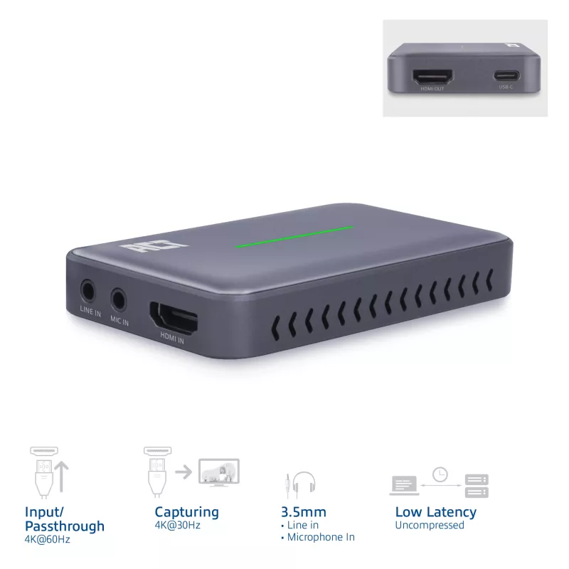 ACT USB-C videokaart, HDMI 4K@60Hz doorgifte, 4K@30Hz opname