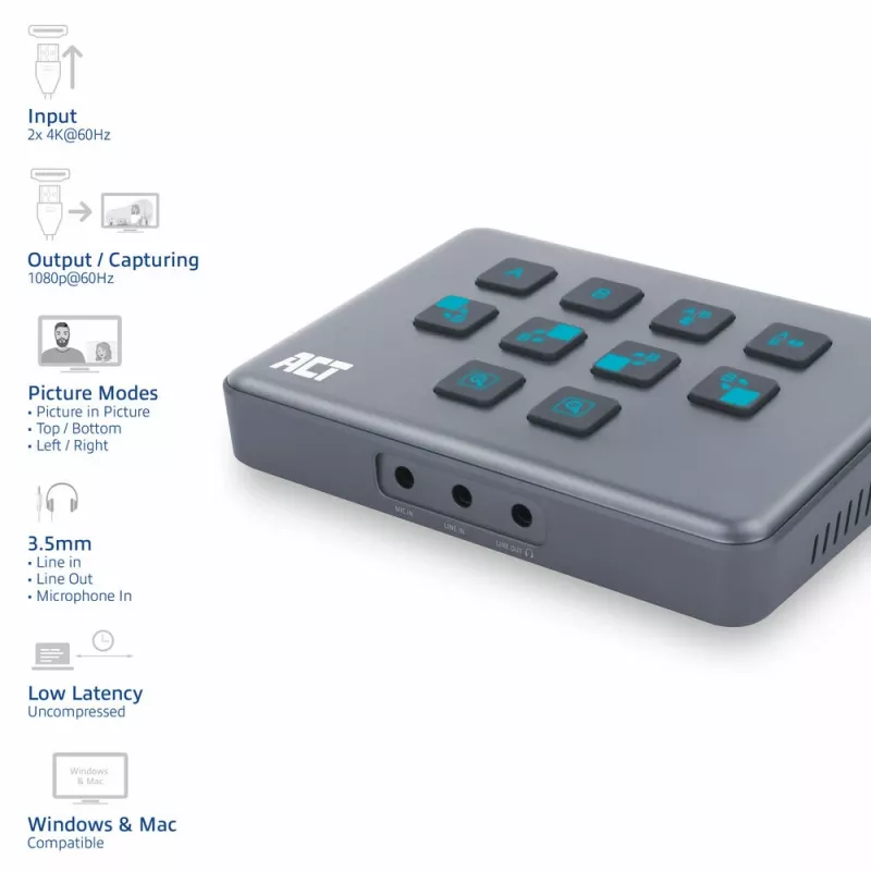 ACT dual HDMI-ingang USB-C videoswitcher 60Hz grijs