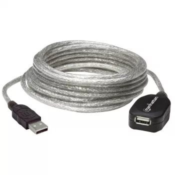 Manhattan USB-A naar USB-A verlengkabel, 5 m, stekker naar bus, actief, transparant zilver, 480 Mbit/s (USB 2.0), cascadeerbaar, geïntegreerde repeater, Hi-Speed USB, drie jaar garantie