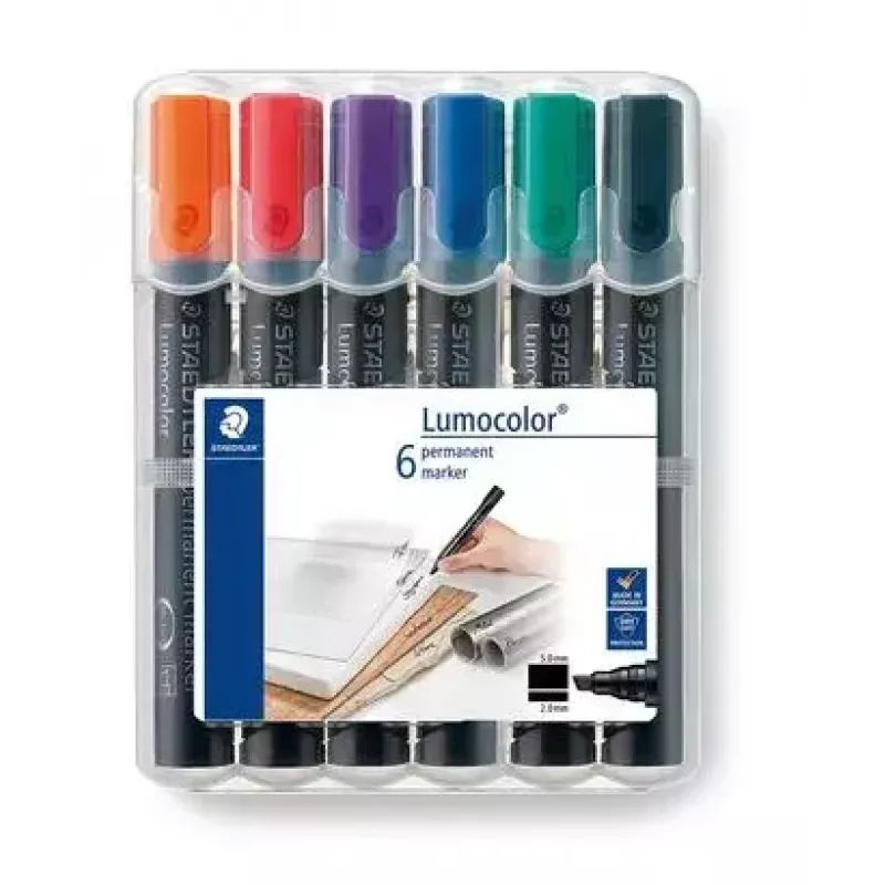 Permanentmarker Staedtler Lumocolor Chisel Tip 350 WP6 zwart blauw groen rood violet geel