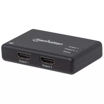 Manhattan HDMI-splitter 2-poorts, 4K@30Hz, geeft uitgang van een HDMI-bron naar twee HD-schermen (hetzelfde beeld op beide), netvoeding (kabel 0,9 m), zwart, drie jaar garantie