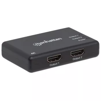 Manhattan HDMI-splitter 2-poorts, 4K@30Hz, geeft uitgang van een HDMI-bron naar twee HD-schermen (hetzelfde beeld op beide), netvoeding (kabel 0,9 m), zwart, drie jaar garantie