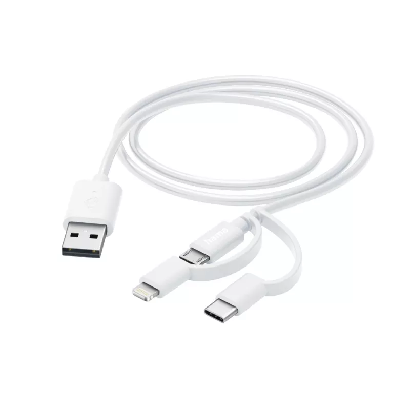 Hama 3-in-1 multi-oplaadkabel, USB-A – Micro-USB, USB-C en Lightning, 1,0 m, wit