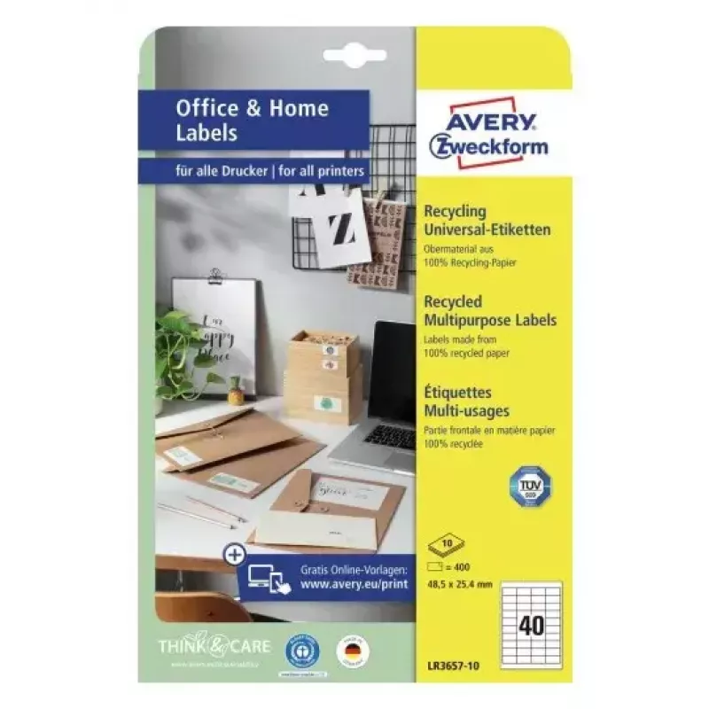 Zelfklevend printeretiket Avery LR3657-10 wit 2,54x4,85 cm 400 stuks