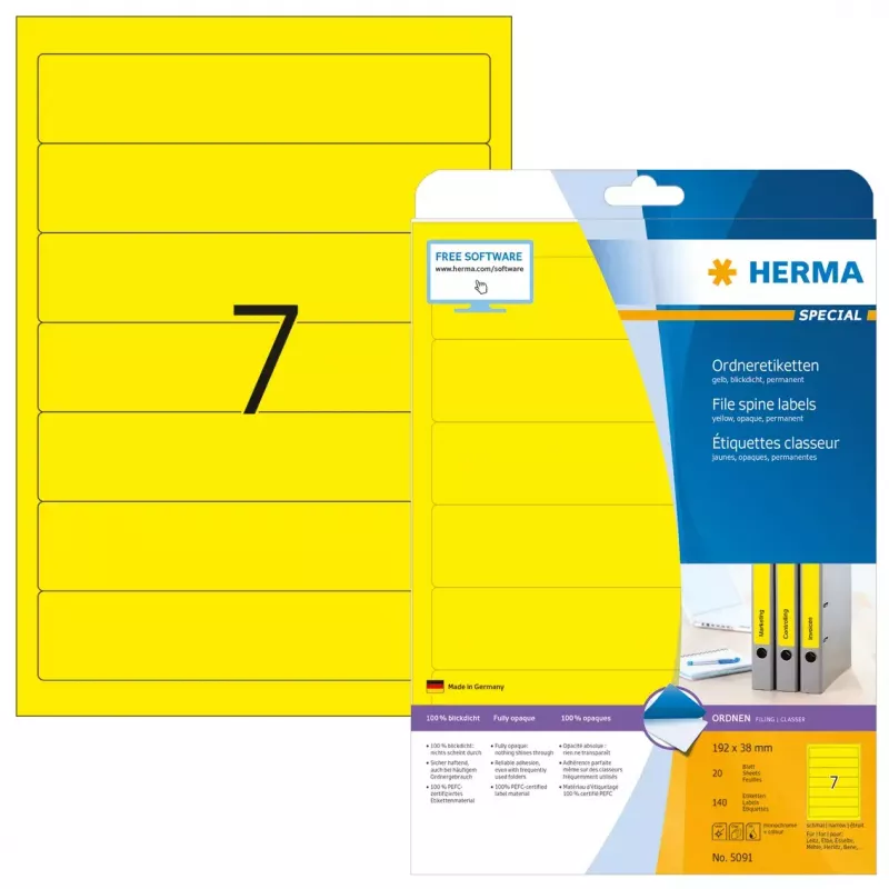 HERMA 5091 Ordneretiketten A4 192 x 38 mm, geel, 175 st. (25 vellen x 7)