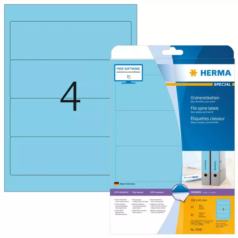 Aktenetiketten HERMA A4 192x61 mm blauw 80 stuks