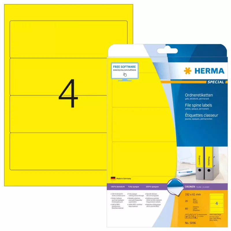 Aktenetiketten HERMA A4 192x61 mm geel papier mat ondoorzichtig 80 stuks