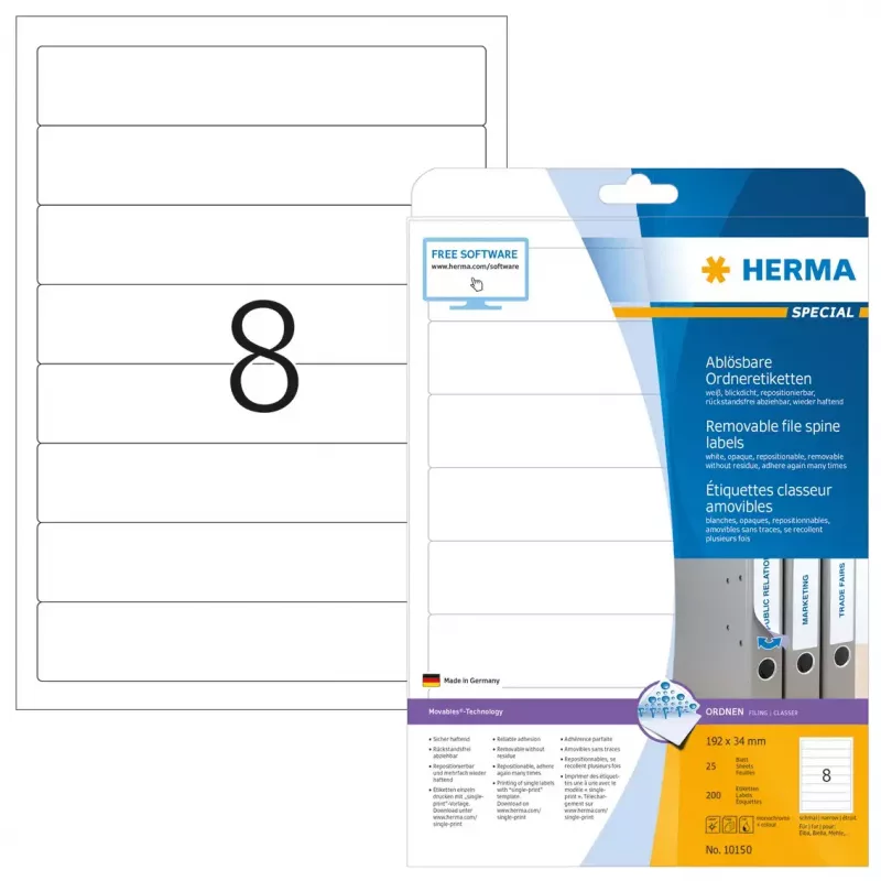 Herbruikbare aktenetiketten HERMA A4 192x34 mm wit 200 stuks