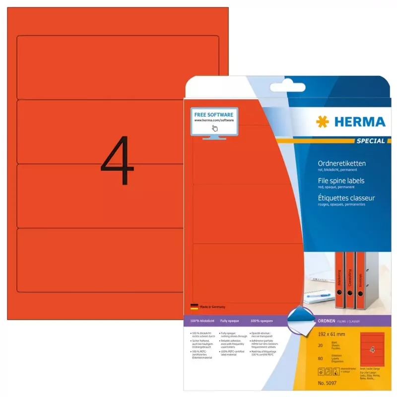 Aktenetiketten HERMA A4 192x61 mm rood papier mat ondoorzichtig 80 stuks