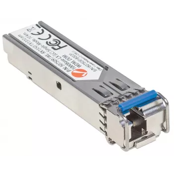 Intellinet transceivermodule optisch, Gigabit-fiber WDM bidirectioneel SFP, 1000Base-Lx (LC) single-mode-poort, 10 km, golflengten: ontvangst (RX) 1550 nm en zenden (TX) 1310 nm, WDM (Rx1550/Tx1310), MSA-conform, equivalent aan Cisco GLC-BX-U, Ethernet, glasvezel