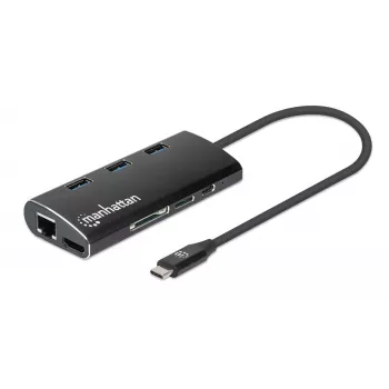 Manhattan USB-C dock/hub met kaartlezer, aansluitingen (x6): Ethernet, HDMI, USB-A (x3) en USB-C, met Power Delivery (100 W) naar de USB-C-aansluiting (let op: extra USB-C-voeding en USB-C-kabel vereist), universeel voor alle apparaten, aluminium, komt overeen met DKT30CSDHPD3