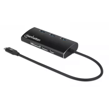 Manhattan USB-C dock/hub met kaartlezer, aansluitingen (x6): Ethernet, HDMI, USB-A (x3) en USB-C, met Power Delivery (100 W) naar de USB-C-aansluiting (let op: extra USB-C-voeding en USB-C-kabel vereist), universeel voor alle apparaten, aluminium, komt overeen met DKT30CSDHPD3