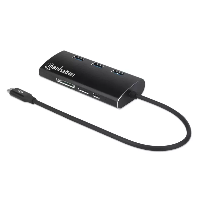 Manhattan USB-C dock/hub met kaartlezer, aansluitingen (x6): Ethernet, HDMI, USB-A (x3) en USB-C, met Power Delivery (100 W) naar de USB-C-aansluiting (let op: extra USB-C-voeding en USB-C-kabel vereist), universeel voor alle apparaten, aluminium, komt overeen met DKT30CSDHPD3