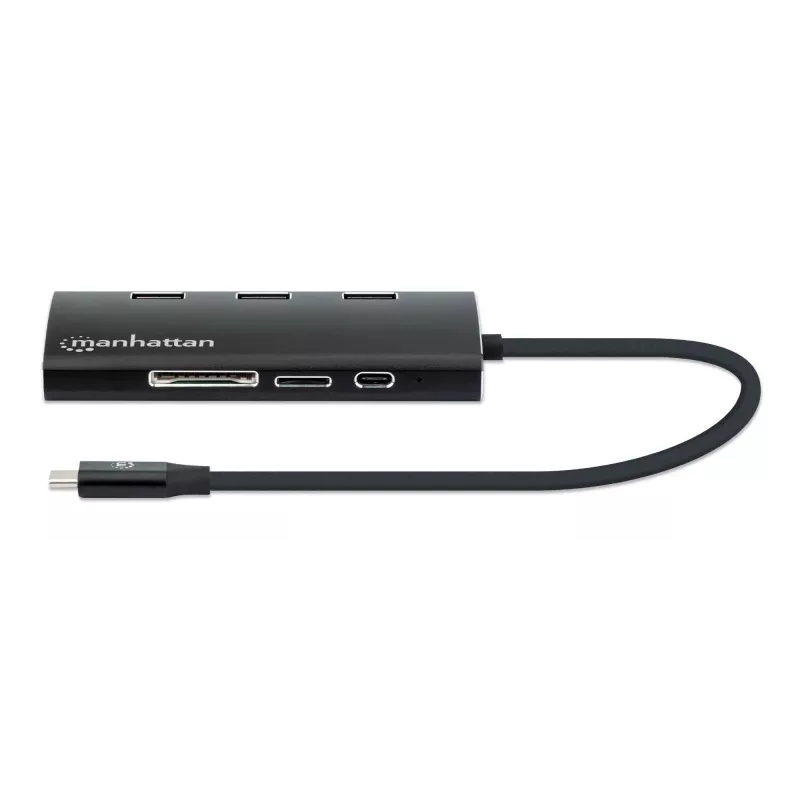 Manhattan USB-C dock/hub met kaartlezer, aansluitingen (x6): Ethernet, HDMI, USB-A (x3) en USB-C, met Power Delivery (100 W) naar de USB-C-aansluiting (let op: extra USB-C-voeding en USB-C-kabel vereist), universeel voor alle apparaten, aluminium, komt overeen met DKT30CSDHPD3