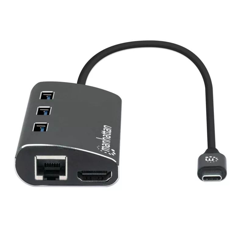 Manhattan USB-C dock/hub met kaartlezer, aansluitingen (x6): Ethernet, HDMI, USB-A (x3) en USB-C, met Power Delivery (100 W) naar de USB-C-aansluiting (let op: extra USB-C-voeding en USB-C-kabel vereist), universeel voor alle apparaten, aluminium, komt overeen met DKT30CSDHPD3
