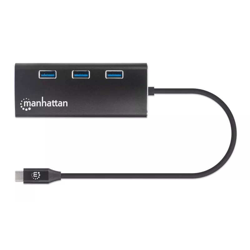 Manhattan USB-C dock/hub met kaartlezer, aansluitingen (x6): Ethernet, HDMI, USB-A (x3) en USB-C, met Power Delivery (100 W) naar de USB-C-aansluiting (let op: extra USB-C-voeding en USB-C-kabel vereist), universeel voor alle apparaten, aluminium, komt overeen met DKT30CSDHPD3