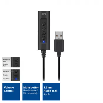 ACT AC9360 audiokaart USB 3,5 mm hoofdtelefoonaansluiting 4 toetsen