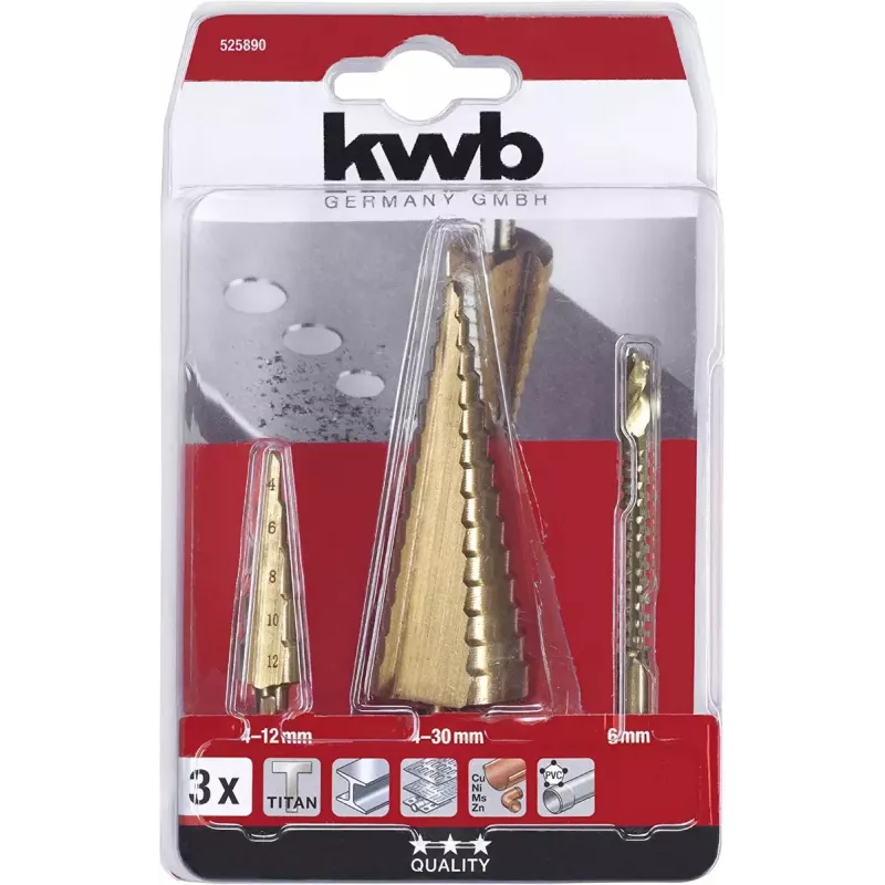 kwb 525890 Trapborenset met freesboor, 3 stuks, 4-12 mm / 4-30 mm / 6 mm, HSS TiN