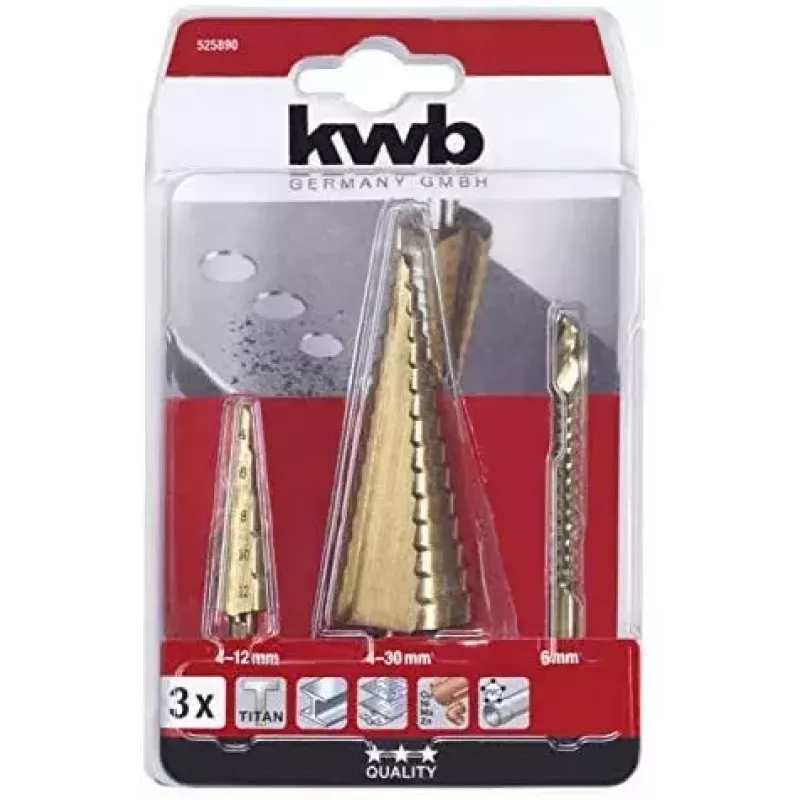 kwb 525890 Trapborenset met freesboor, 3 stuks, 4-12 mm / 4-30 mm / 6 mm, HSS TiN
